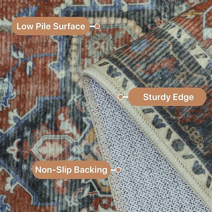 GENIMO 2x5 Runner Rugs for Hallway, Machine Washable Non Slip Vintage Rugs, Low Pile Lightweight Soft Print Rug for enrtyway, Corridor, Home Office, Kitchen, Bordeaux