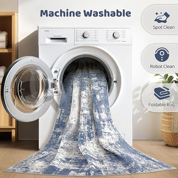 7x9 Area Rug Living Room: Washable Large Abstract Modern Soft Rug Stain Resistant Indoor Floor Non Slip Accent Carpet for Bedroom Nursery Playroom Dining Room Office Dorm Home House- Navy Grey