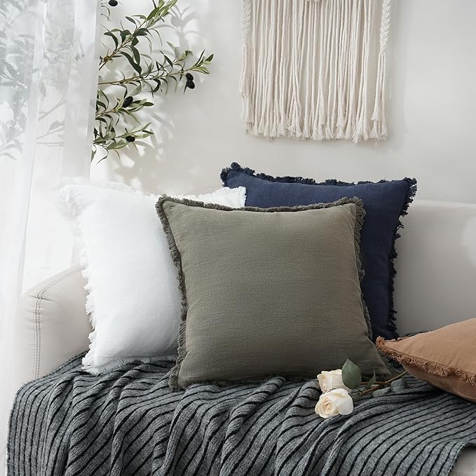Foindtower Set of 2 Decorative Linen Fringe Throw Pillow Covers Cozy Boho Farmhouse Cushion Cover with Tassels Soft Accent Pillowcase for Couch Sofa Bed Living Room Home Decor,20×20 Inch,White