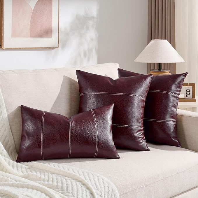 Fancy Homi Burgundy Faux Leather Decorative Throw Pillow Covers 18x18 Inch for Living Room Couch Bed Sofa, Farmhouse Boho Home Decor, Wine Red Hand Stitched Accent Square Cushion Case 45x45 cm