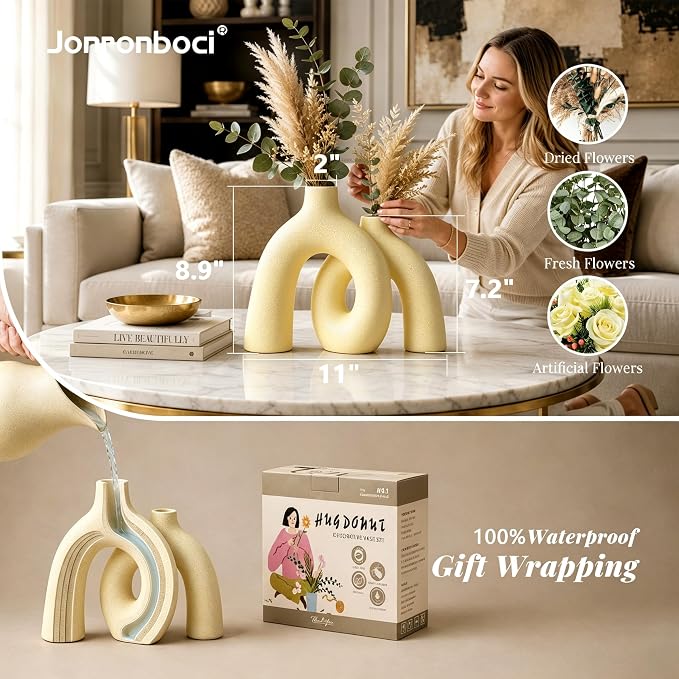 Hug Donut Decorative Vase Set - Beige Vase, Modern Nordic Boho Style Vases Home Decor, Matte Ceramic Decorations for Living Room Shelf, Bookshelf Mantle Entryway Table or Console Décor (Beige)