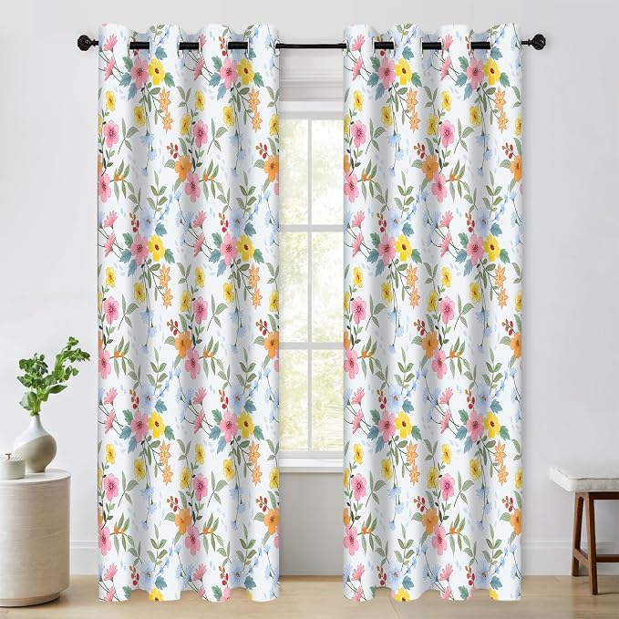 Flower Window Drapes, Pink Yellow Floral Modern Chic Blackout Room Darkening Grommets Curtains, Window Curtains for Living Room Bedroom Drom Decor 52x84 Inch