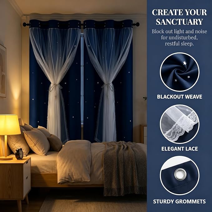 Kids Blackout Small Curtains for Bedroom/Living Room/Classroom, Sheer Overlay 2 Free Tiebacks,Double Layer Curtains with Star Cutout for Kids Room(W 52 x L 36 Inches,Navy Blue 2 Pcs)
