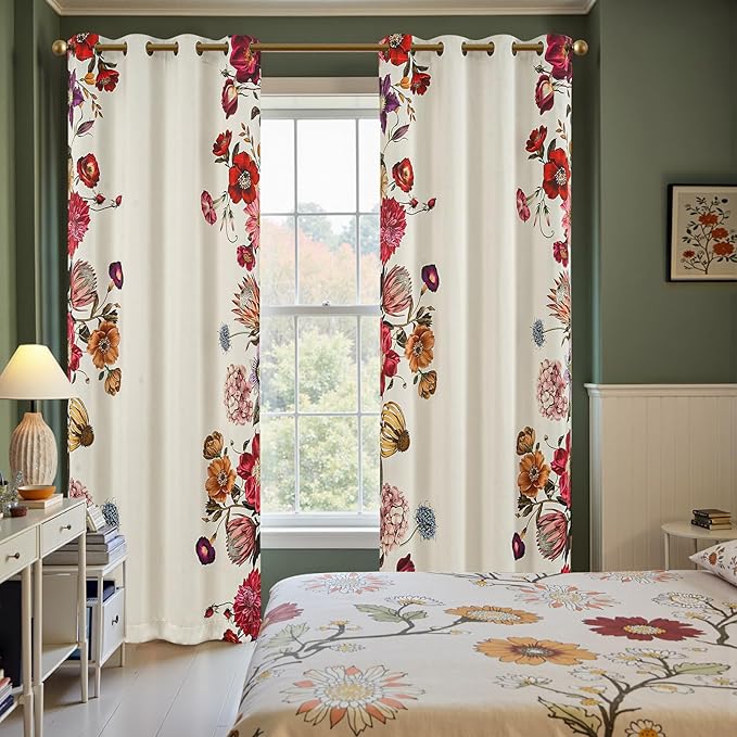 jinchan Vintage Floral Print Blackout Curtains Light Filtering Drapes with Vibrant Retro Flower Print Fall Decor Winter for Bedroom Living Room 96 Inches Length 2 Panels Set with Grommet Beige