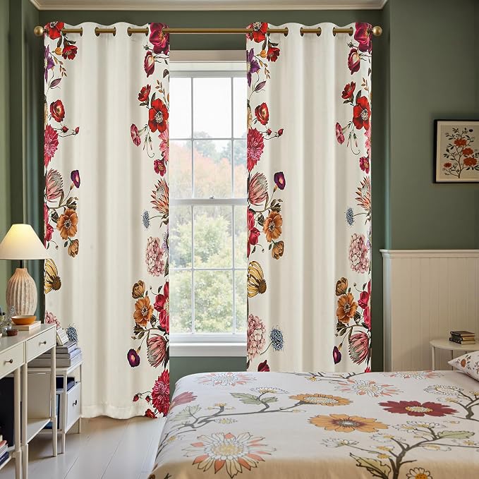 jinchan Vintage Floral Print Blackout Curtains Light Filtering Drapes with Vibrant Retro Flower Print Fall Decor Winter for Bedroom Living Room 84 Inches Length 2 Panels Set with Grommet Beige