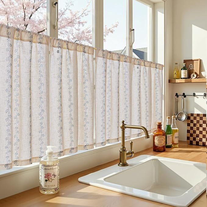 jinchan Katy Linen Floral Kitchen Curtains 30 Inches Length Stripe Cafe Curtains Farmhouse Cottagecore Tier Small Window Drapes for Living Room Light Filtering Rod Pocket 2 Panels Blue on Linen