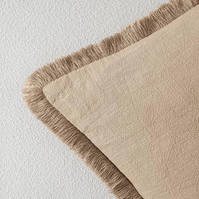 MIULEE Decorative Throw Pillow Covers Neutral Linen Fringe Throw Pillows Euro Shams Set of 2 Camel Boho Farmhouse Cushion Covers for Couch Sofa Bed Living Room Spring Home Decor 24x24 Inch