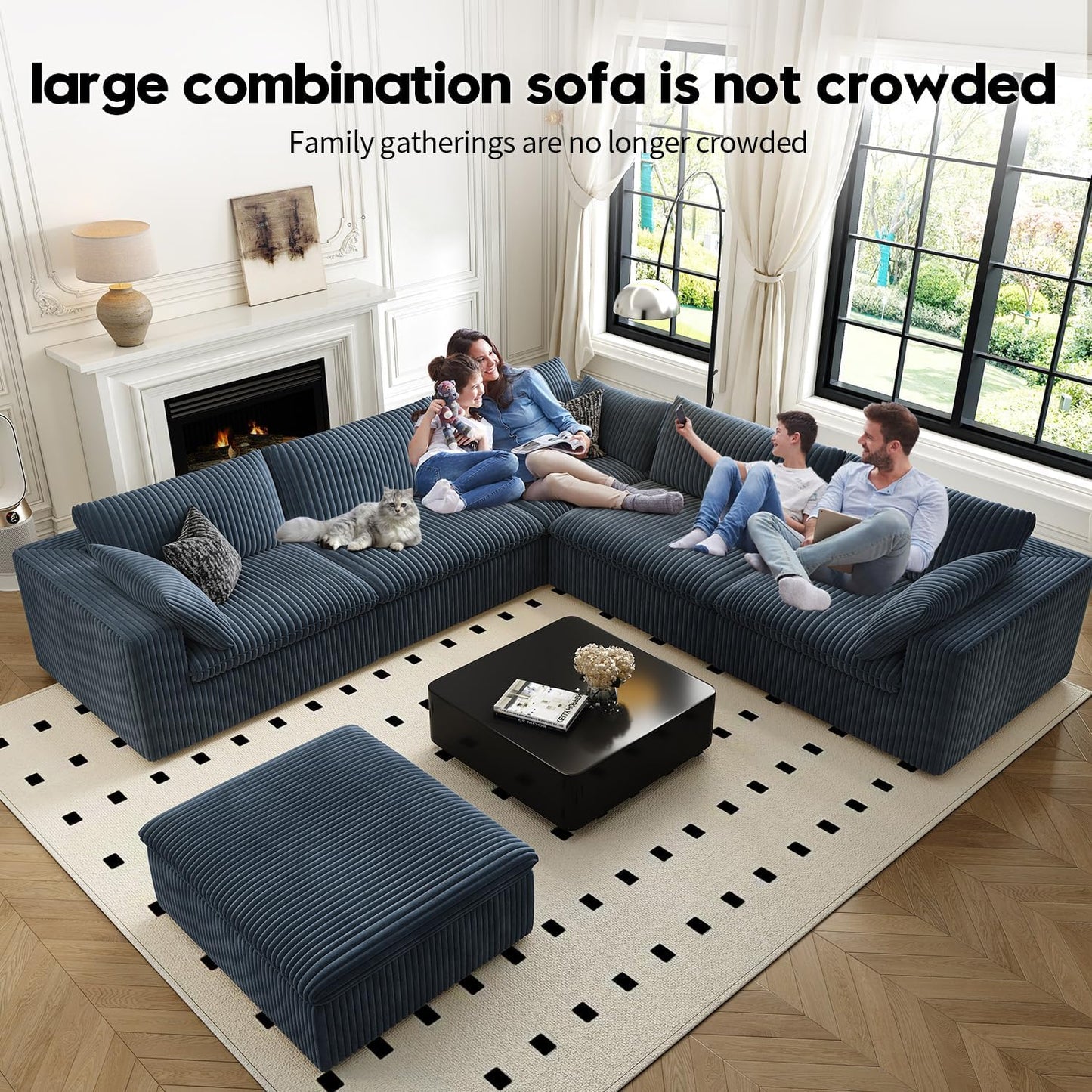 118" Cloud Couch Oversized Modular Sectional Sofa for Living Room,Modern Sofa with Deep Seat，6 Seater Boneless Couch,Comfy Upholstered Corduroy Couches for Apartment, Studio, Office,Bedroom，Blue