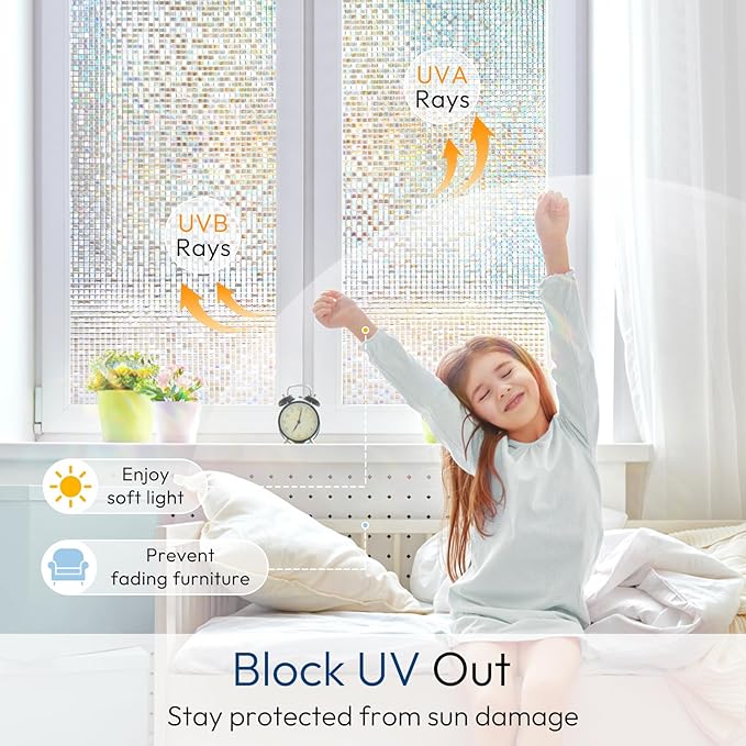 rabbitgoo Window Privacy Film, Mosaic Stained Glass Film, 23.6" x 118.1" | Rainbow Decorative Removable Static Cling Tint, UV Blocking Reduce Heat, Non-Adhesive Privacy Covering for Home, Office