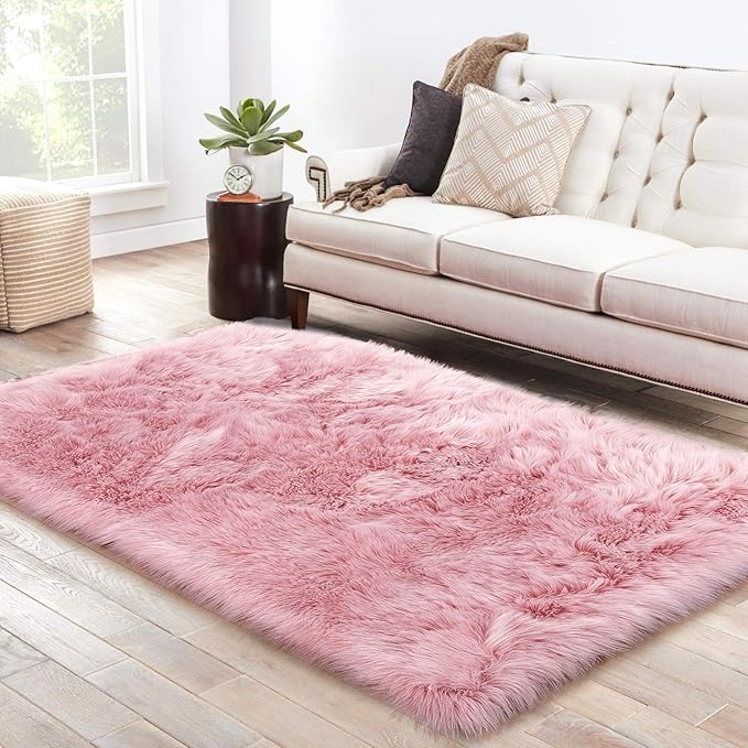 LOCHAS Soft Fluffy Faux Fur Rugs for Bedroom Bedside Rug 3x5 Feet, Washable, Furry Sheepskin Area Rug for Living Room Girls Room, Luxury Shag Carpet Home Decor, Pink
