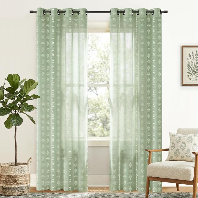 Sage Green and White Cottage Core Curtains for Nursery, Boho Floral Linen Sheer Vine Botanical Cottagecore Curtains for Living Room Bedroom, Wide 50 x 96 Inches Long, 2 Panels Set