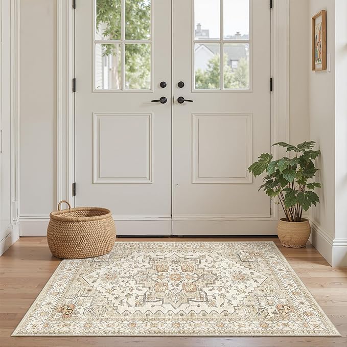 2x3 Entryway Rug Washable Area Rug 2x3, Small Non-Slip Vintage Door Mat, Low Pile Floor Carpet for Bedroom Kitchen Entry(2'x 3',Gold)