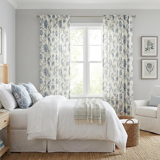 Dusty Blue Curtains 96 Inch Long 2 Panel Set,Slate Blue Grey Floral Patterned Semi Blackout Pastel Curtains for Bedroom Living Room