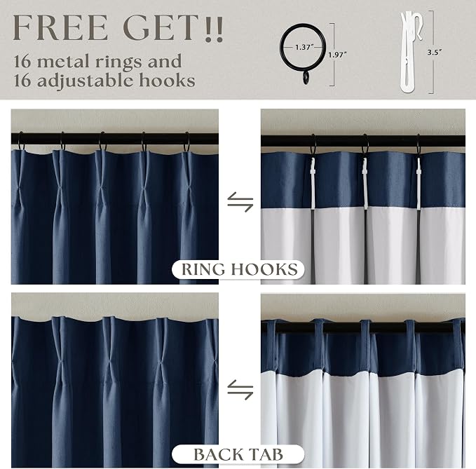 Indigo Navy Pleated Linen Blackout Curtains 90 Inches Long for Bedroom Living Room Pinch Pleat Black Out Thermal Insulated Ring Hooks Back Tab Room Darkening Drapes Dark Blue Curtains with Liner