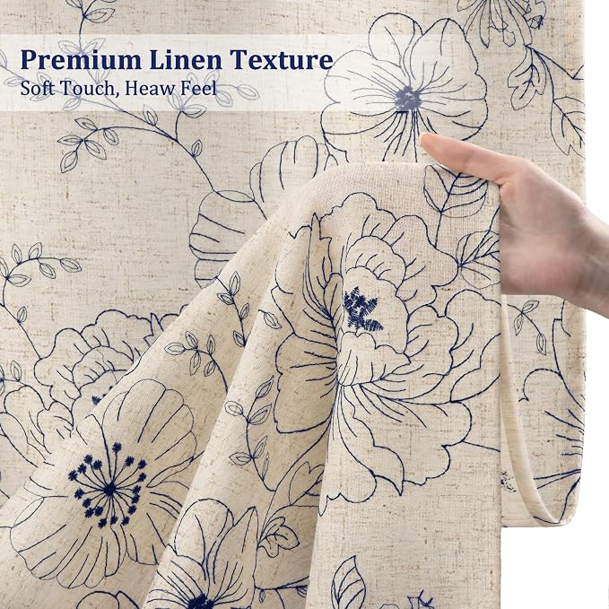 Boho Floral Curtains, Vintage Farmhouse Curtains 84 Inches Long, Dark Blue Cottage Core Flower 2 Panels