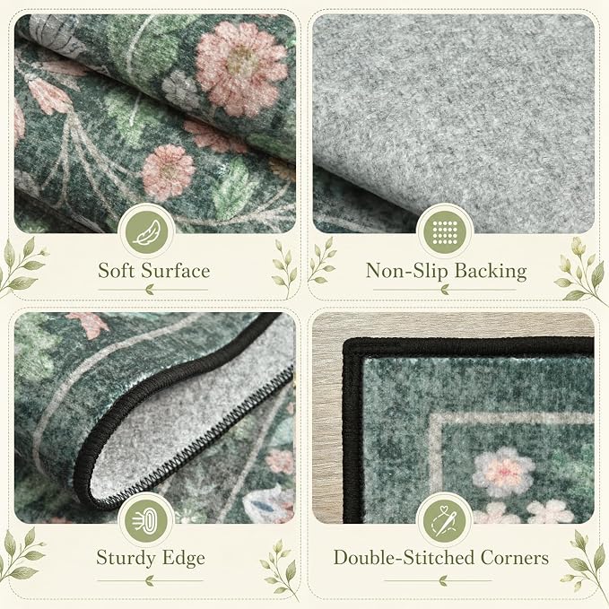 Floral Indoor Entrance 3x5 Area Rug, Washable Vintage Boho Entryway Rugs, Low Pile Non Slip Soft Carpet for Kitchen, Bedroom Beside, Laundry Room, Office Rug, Kids Room, Nursery Room， Green
