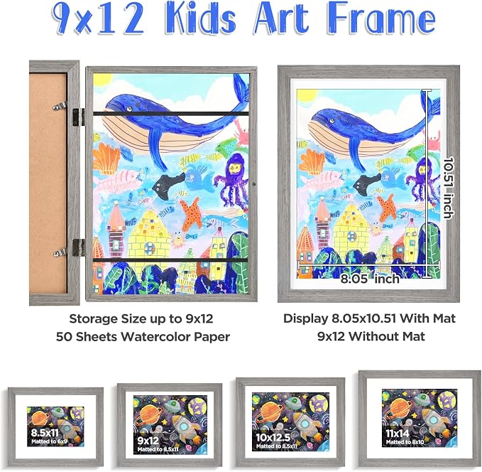 KINLINK 9x12 Kids Art Frame 2 Pack, Solid Wood Artwork Frames Changeable, Front Opening Hold 150 Pictures, Art Frames for Kids Artwork, 8.5x11 with Mat 9x12 without Mat, Picture Frames Grey
