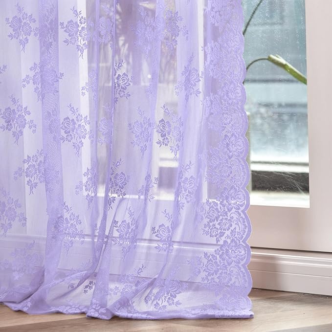Kotile Light Purple Sheer Curtains 63 Inch Length, 2 Panels, W42 x L63 Inch Each, Country Rustic Floral Vintage Lace Curtains for Girls Room, Rod Pocket Privacy Light Filtering Lacy Window Curtain