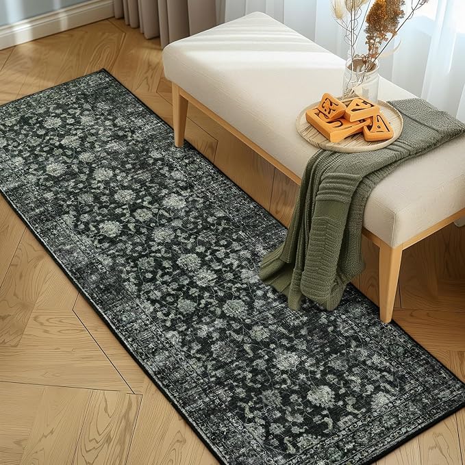 FROZZUR 2x6 Boho Green Runner Rug Vintage Farmhouse Hallway Entryway Rugs for Kitchen Bedroom Non Slip, Washable Boho Carpet for Home Decor Green