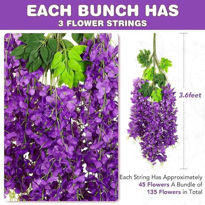 Alotiki Wisteria Hanging Flowers,50 Pack Fake Hanging Flowers,Wisteria Artificiales Garland for Home Wedding Arch Floral Party Garden Ceremony Outdoor Decor,3.6 Feet Long(50,Purple)