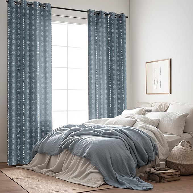 Blue Curtains 96 Inches Long,Sheer Boho Pattern Stripe Farm House Curtains 2 Panels for Living Room Bedroom,Navy and White