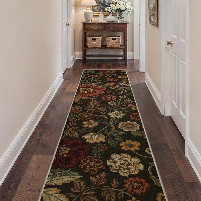 GENIMO 2X10 Washable Vintage Floral Print Runner Rug, Non-Slip Low Pile Stain Resistant Soft Chenille Carpet for Hallway Entryway Kitchen Corridor, Floral Brown