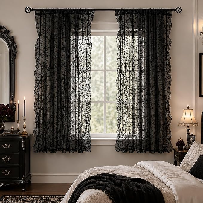 TUDECO Black Lace Curtains 63 Inch Length 2 Panels - Victorian Sheer Floral Gothic Curtains for Bedroom Whimsy Dark Academia Curtains Rod Pocket Privacy Window Treatments, 59 x 63 Inch, Black