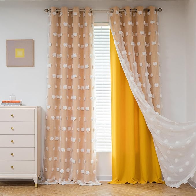 MYSKY HOME Nursery Curtains for Girl Room Yellow Curtains 72 Inches Long Pom Pom White Sheer Curtains for Kids Room Double Layer Toddler Bedroom Grommet Room Darkening Window Panels 52 x 72 Inch