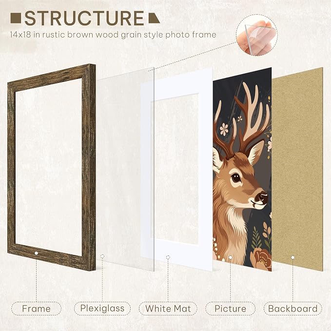 Picrit 14x18 Picture Frame 3 Pack, Wooden Brown Rustic Poster Frame, Display Poster 12 x 16 with Mat or 14 x 18 without Mat for Horizontal or Vertical Wall Mounting