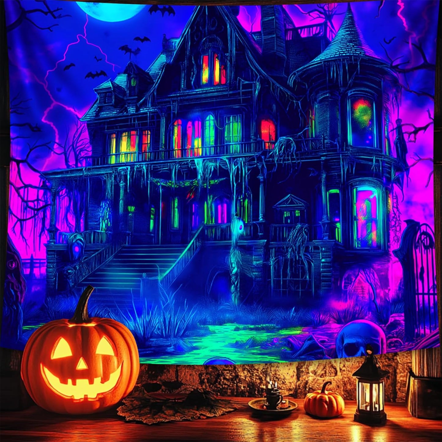 Halloween Tapestry, Blacklight Tapestry for Halloween Party Decor Hanging Tapestries Backdrop Wall Art Poster for Bedroom Dorm 79x59in
