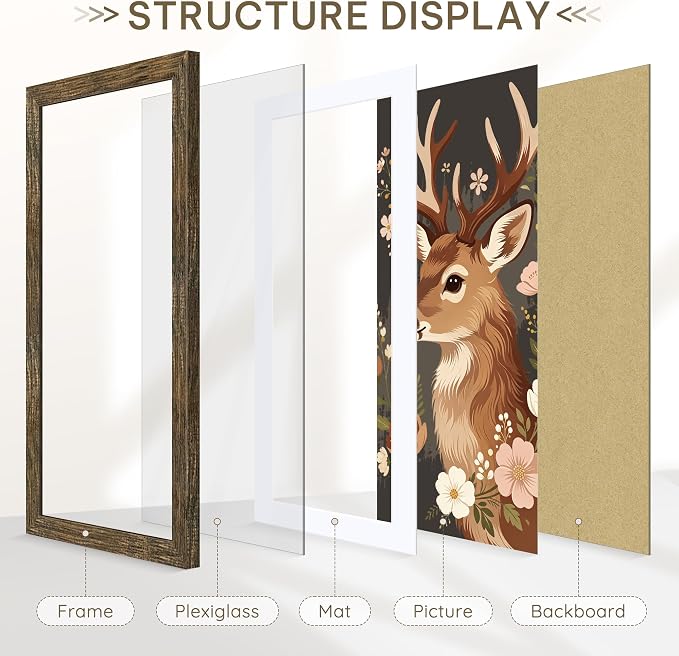 Picrit 12x18 Picture Frame 3 Pack, Wooden Brown Rustic Poster Frame, Display Poster 11 x 17 with Mat or 12 x 18 without Mat for Horizontal or Vertical Wall Mounting