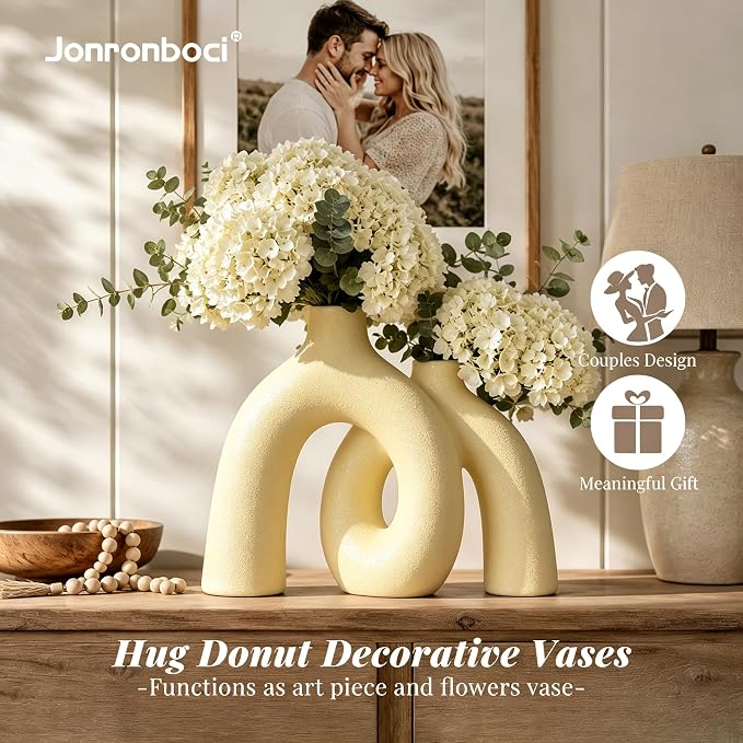 Hug Donut Decorative Vase Set - Beige Vase, Modern Nordic Boho Style Vases Home Decor, Matte Ceramic Decorations for Living Room Shelf, Bookshelf Mantle Entryway Table or Console Décor (Beige)
