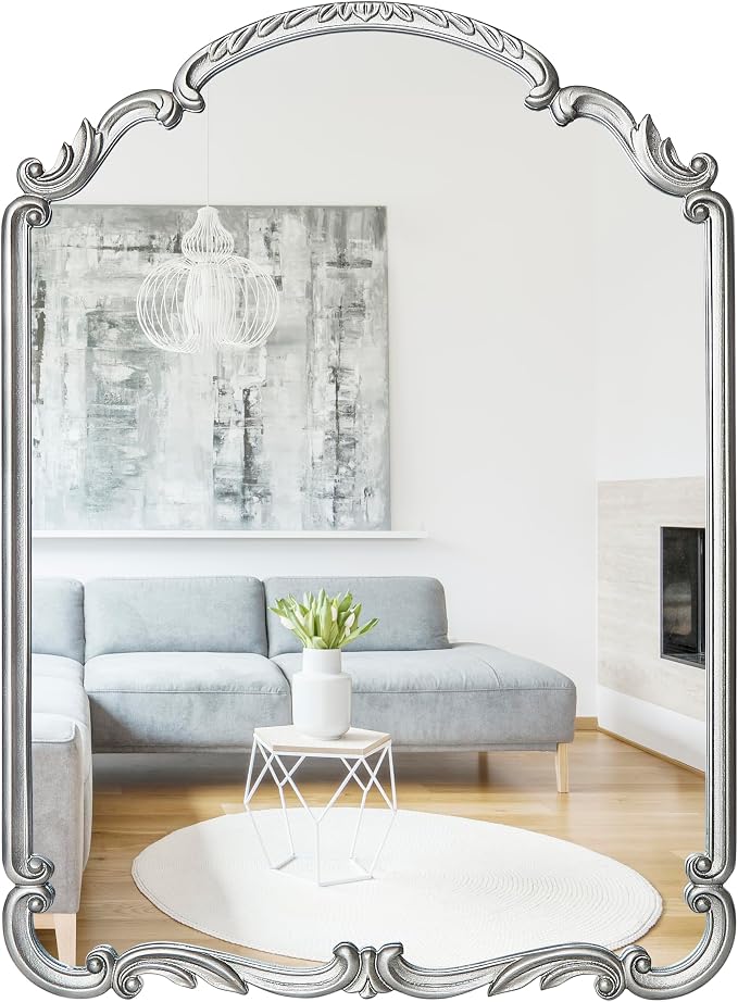 Wylde Iris English Estate Carved Arch Wood Wall Mirror, Mirror for Entryway, Living Room, Bathroom, Antique Silver, 20.9x28.9