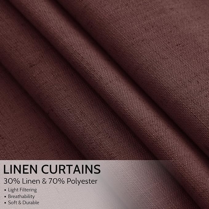 Nanspring Reddish Brown Linen Blend Light Filtering Back Tab Curtains 102 Inches Long, Semi Sheer Privacy Drapes for Living Room & Bedroom, 52x102 inch, 2 Panels