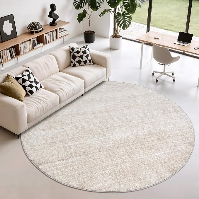 Valenrug Washable Round Area Rugs 6x6 - Stain Resistant 6ft Round Rugs for Living Room, Non Slip Backing Printed Rugs for Bedroom, Folable Machine Washable Area Rug (6ft, Beige)
