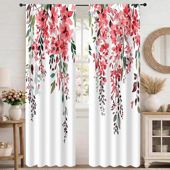 Red Watercolor Floral Curtains, Botanical Leaves Vine Flowers Curtain, Rustic Farmhouse Flower Leaf Blackout Window Treatment Drapes for Bedroom Living Room 42x90 inch, 2 Panels
