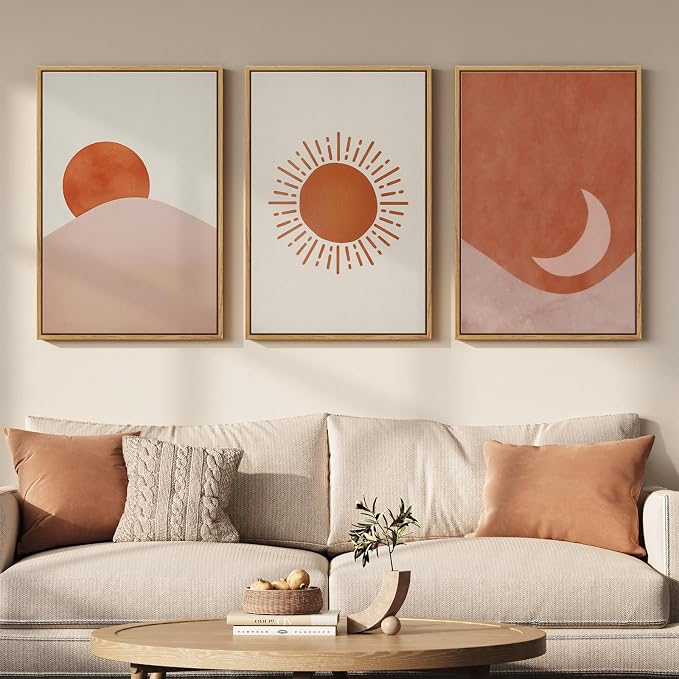 Framed Sun and Moon Boho Wall Art Bedroom, 3 Piece Abstract Minimalist Terracotta Canvas Painings Prints Artwork for Walls, Mid Century Modern Bohemian Pictures for Living Room Office Wall Decor, 16x24 Inch