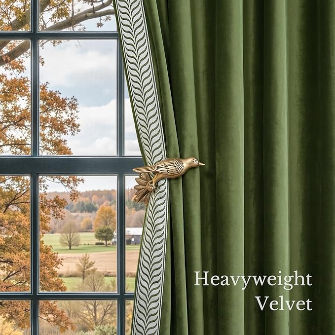 NICETOWN Rod Pocket Embroidered Trim Velvet Curtains, 2 Panels, Olive Green, 96 Inch Length Adjustable Velvet Curtains, Room Darkening Noise Reduce Drape, Modern Window Panels for Bedroom Living