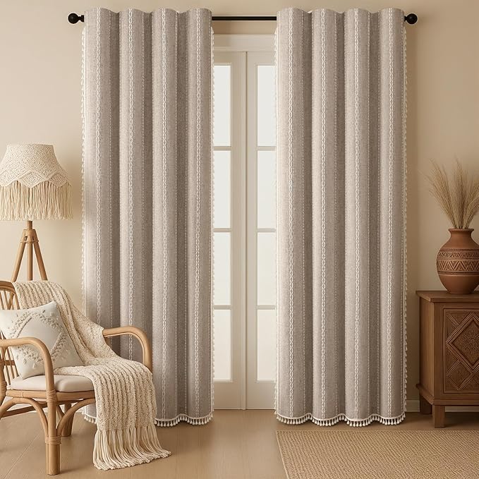 Khaki Brown Boho Blackout Curtains 90 Inches Long Brown Linen Blend 2 Panels with Tassels and Cotton Embroidery, Farmhouse Vintage Rustic Rod Pocket Drapes for Living Room or Bedroom