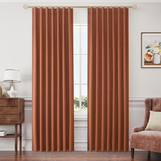 Joywell 100% Blackout Linen Curtains 84 Inch Long for Bedroom 2 Panels Back Tab Rod Pocket Hook Belt Black Out Curtain Room Darkening Drapes for Dining Room Window,52 x 84,Terracotta