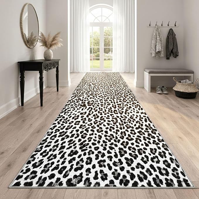 Ottomanson Aisle Runner Rug 1'10.5" x 20' – Soft Non-Slip Rug, Low Pile Carpet for Hallways, Events, Churches & Extra-Long Indoor Spaces, Leopard Print Black & White