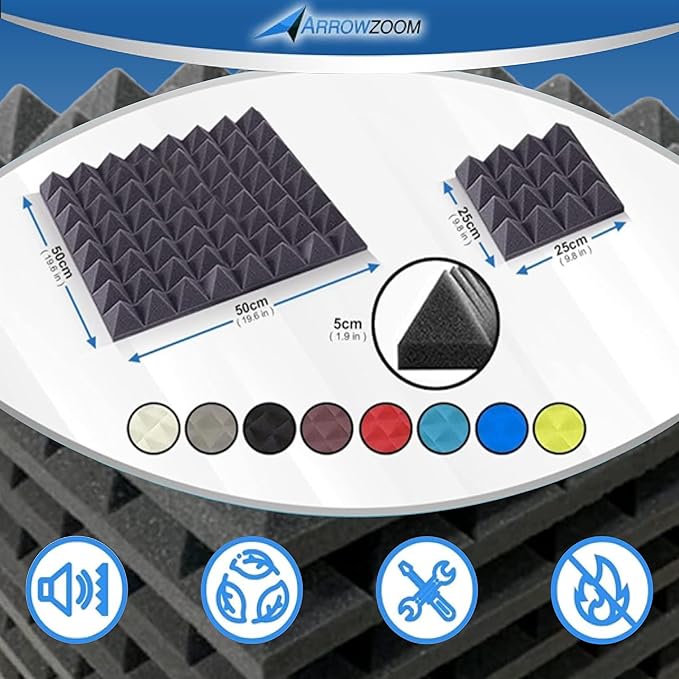 Arrowzoom Acoustic Foam Panels, 48 Pack, 20 x 20 x 2 Inch High Density Pyramid Sound Absorbing Foam for Home Studio, Podcast Room, Recording Booth and Home Theater, Red