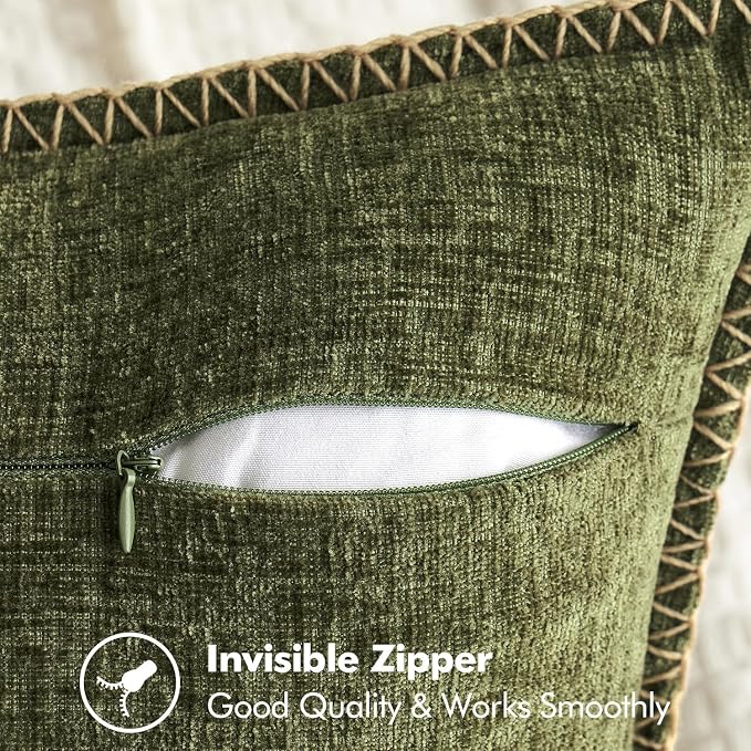 MIULEE Pack of 2 Lumbar Throw Pillow Covers 12x20 Inch Olive Green Farmhouse Decorative Pillow Covers with Stitched Edge Soft Chenille Solid Dyed Pillow Covers for Couch Sofa Bed Living Room