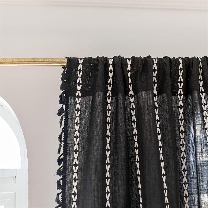 RoomTalks Black Boho Farmhouse Curtains for Bedroom Living Room 63 Inch Length 2 Panles, French Country Halloween Gothic Cute Textured Window Curtain Panels Bohemian Vintage Tassel Draperies