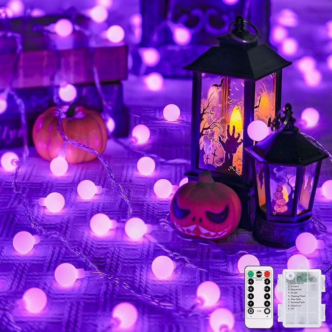 JMEXSUSS 100 LED Purple Globe String Lights Battery Operated with 8 Modes | 33ft Indoor Christmas Lights with Remote, Battery Powered Fairy Lights Outdoor for Room Bedroom Party Patio Yard Decor