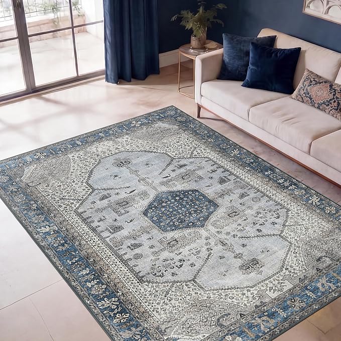Keen Home Design 5x7 Rug - Machine Washable Area Rug with Non-Slip Backing, Ideal for Living Room, Dining Room, Bedroom - Vintage, Easy Clean, Durable, Low Pile Rug - (5' x 7')