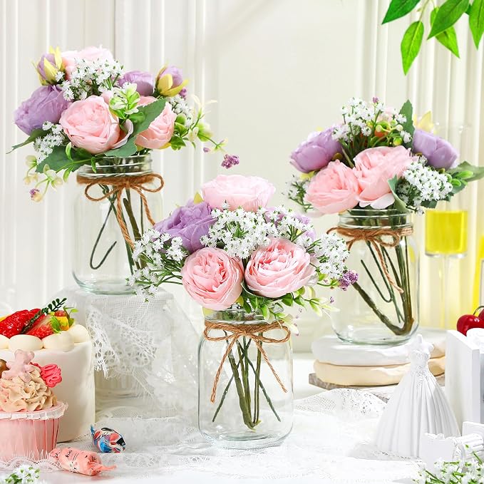 Zeyune 12 Sets Mason Jar Centerpiece Table Decorations, Artificial Peony Baby's Breath Flower Bouquets, Faux Flowers with Vase, Rustic Decor Gifts for Home, Wedding, Holiday (Purple,Pink)