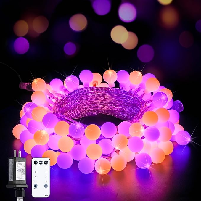 JMEXSUSS 100 LED Globe Orange and Purple Halloween Lights Indoor Remote | 33ft Connectable Christmas Lights Outdoor, 8 Modes Plug in Orange and Purple String Lights for Bedroom Room Party Decor