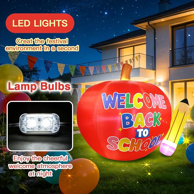 6.7 FT Long Back to School Inflatables Outdoor Decorations, Apple & Pencil Blow up Yard Decor with LED Lights, First Day of School Welcome Decoration for Preschool Kindergarten Party Indoor Lawn Patio
