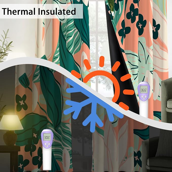Tyrot 100% Blackout Boho Floral Curtains fo Bedroom 63 inch Long 2 Panels Mid Century Botanical Black Out Curtains for Living Room Grommet Thermal Insulated Room Darkening Window Drapes
